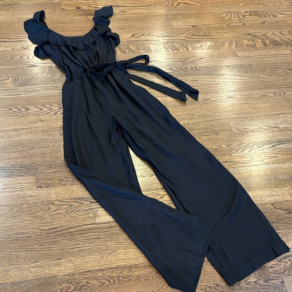 SINE Women’s Black Ruffle Shoulder Jumpsuit with Tie Waist, 2